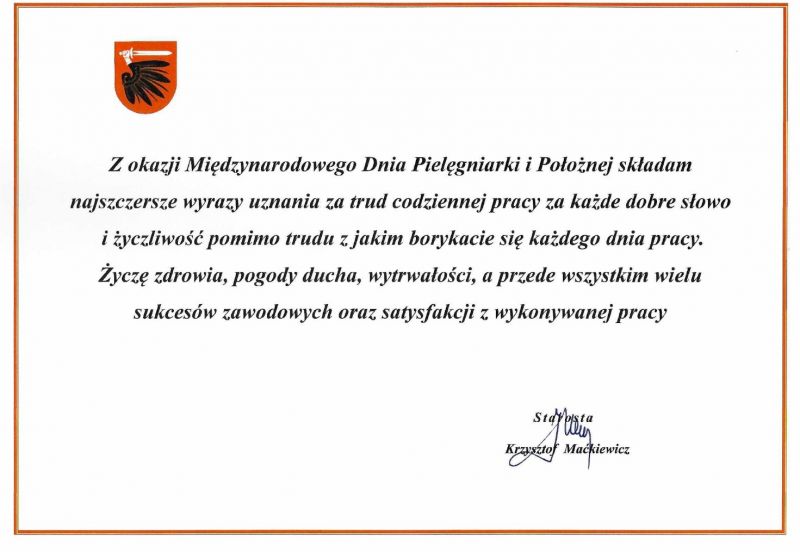 Życzenia Starosty z okazji Międzynarodowego Dnia Pielęgniarki i Położnej