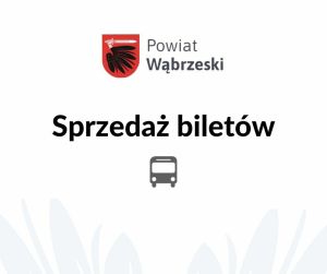 Napis sprzedaż biletów z ikoną autobusu i herbem powiatu