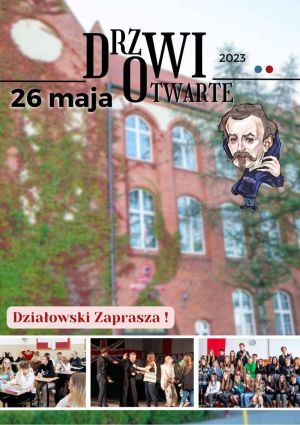 Napis zapraszamy na drzwi otwarte na tle budynku liceum