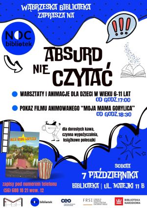 Plakat promujący Noc bibliotek w 2023 roku (pełna informacja z notatce)