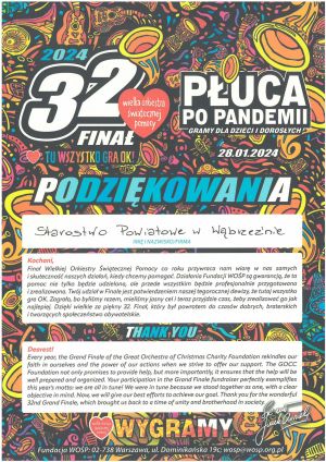 Podziękowania dla Starostwa Powiatowego w Wąbrzeźnie za udział w 32. Finale WOŚP
