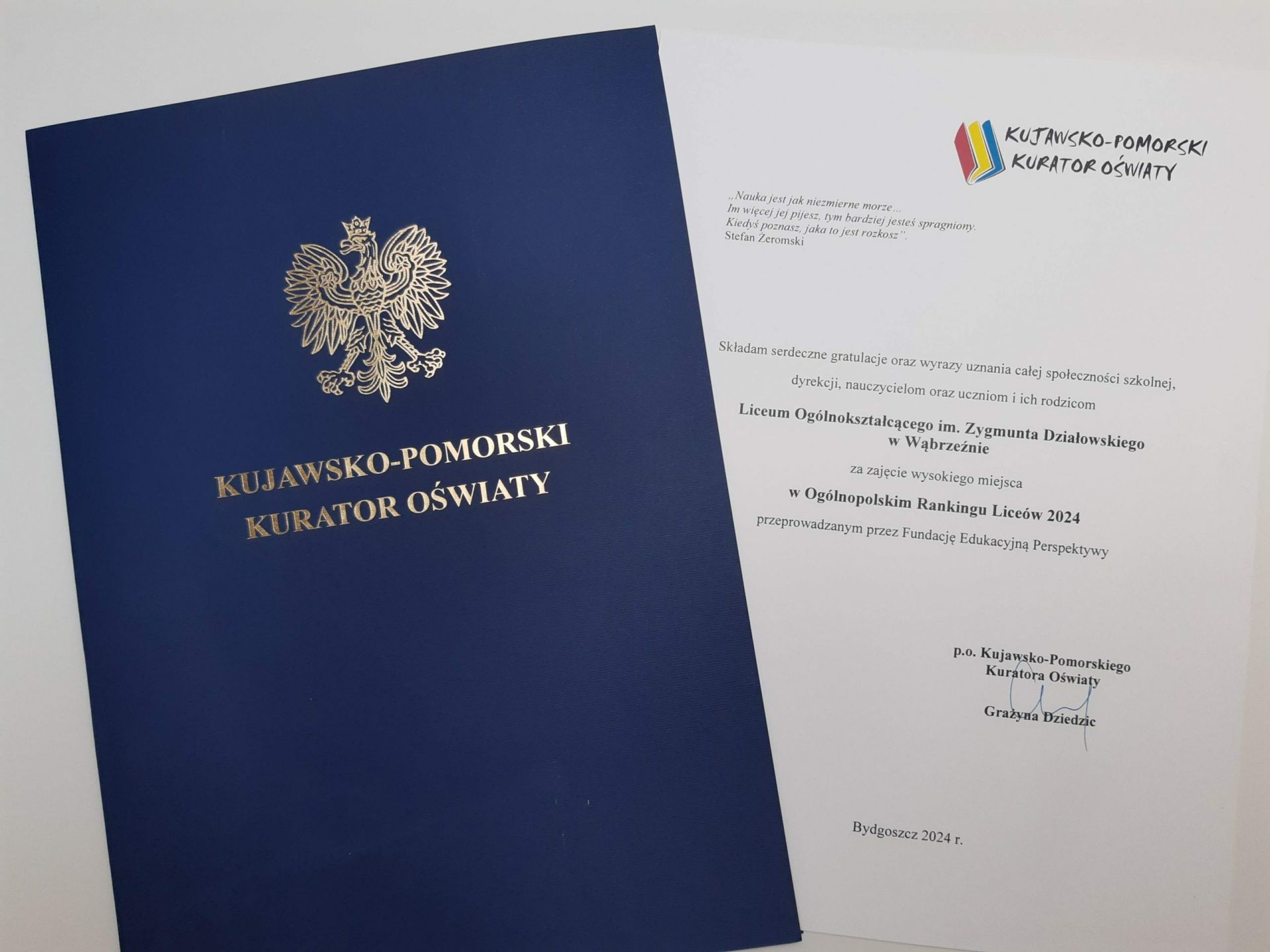 Podziękowania i gratulacje dla Liceum Ogólnokształcącego im. Zygmunta Działowskiego w Wąbrzeźnie