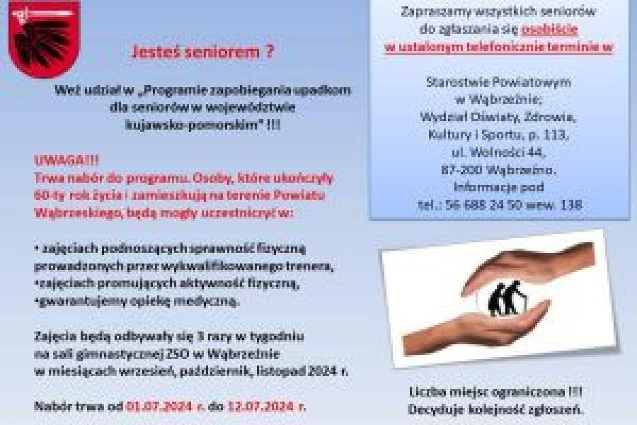 Plakat informujący o naborze do "Programu zapobiegania upadkom dla seniorów w województwie kujawsko-pomorskim"