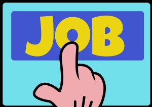 Palec wskazujący na żółty napis JOB na niebieskim tle