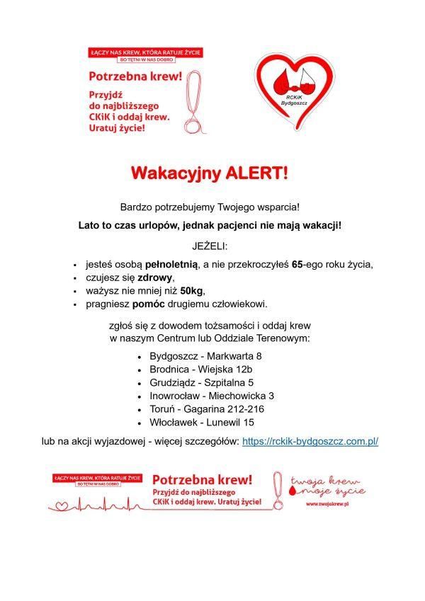 Plakat informujący o oddawaniu krwi w Centrum Krwiodawstwa i Krwiolecznictwa, Oddziałach Terenowych lub na akcji wyjazdowej.