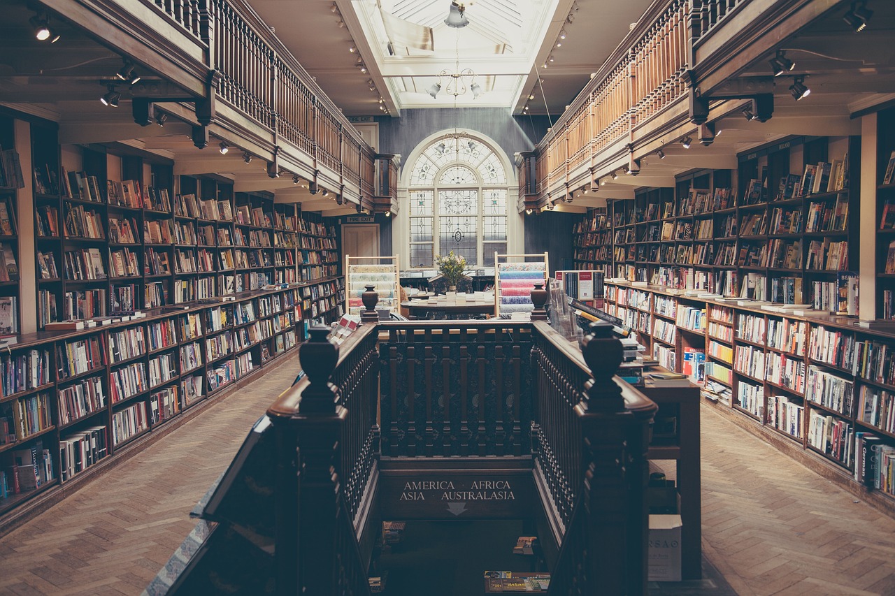 Biblioteka - po prawej i lewej stronie znajdują się regały z książkami, a po środku schody na dół do drugiego pomieszczenia