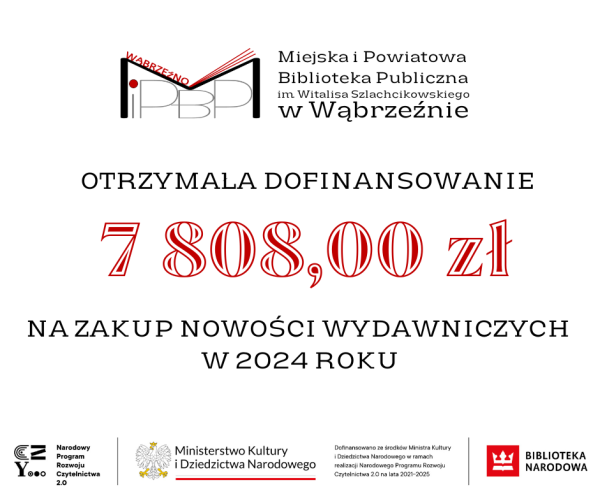 Na plakacie znaduje się logo i nazwa wąbrzeskiej biblioeki, kwota dofinansowania oraz logo projektu.