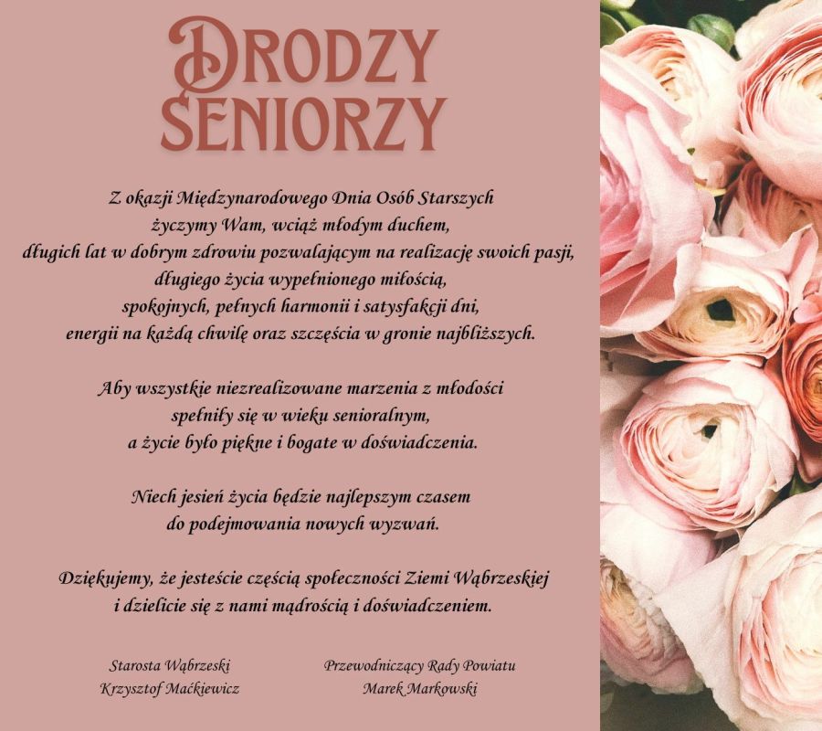 Życzenia Starosty Wąbrzeskiego i Przewodniczącego Rady Powiatu z okazji Międzynarodowego Dnia Osób Starszych