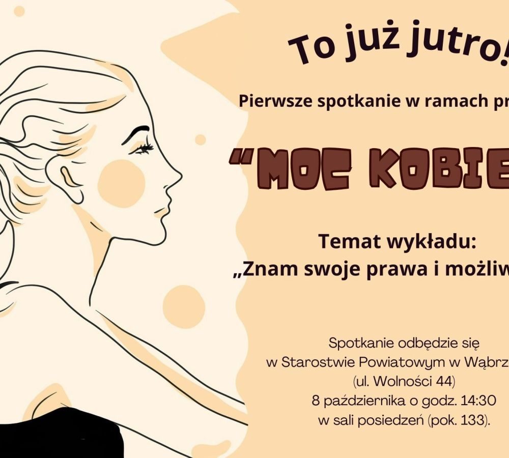 Portret kobiety i informacja o spotkaniu w ramach projektu "MOC KOBIET" w dniu 8 pażdziernika 2024 roku.