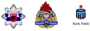 Logotypy Policji, Państwowej Straży Pożarnej i PKO Bank Polski.