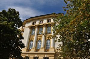 Fragment Kancelarii Prezesa Rady Ministrów w Warszawie, przed którym znajdują się dwa drzewa.