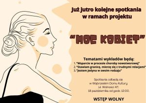 Plakat przypominający o spotkaniach w dniu 18 października w ramach projektu "MOC KOBIET".