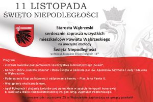 Zaproszenie na uroczyste obchody Święta Niepodległości wraz z szczegółowym programem uroczystości.