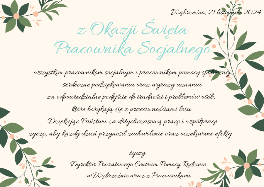 Z okazji Święta Pracownika Socjalnego wszystkim pracownikom socjalnym i pracownikom pomocy społecznej serdecznie...