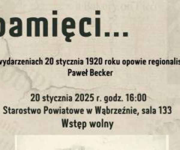 Plakat informujący o wydarzeniu upamiętniającym 105. rocznicę powrotu ziemi wąbrzeskiej do macierzy.