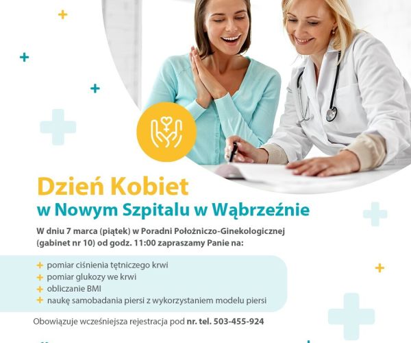 Plakat informujący o Dniu Kobiet w Nowym Szpitalu w Wąbrzeźnie.