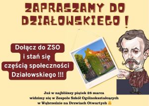 Zygmunt Działowski trzymający w ręku zdjęcie wąbrzeskiego liceum. Na plakacie zawarto informację o dacie Drzwi Otwartych w...