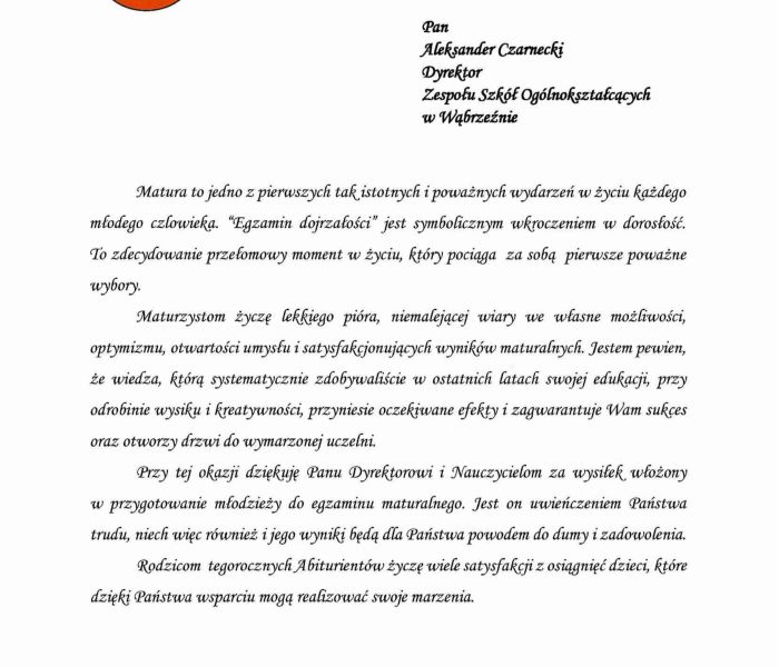 Życzenia Starosty Wąbrzeskiego dla maturzystów Zespołu Szkół Ogólnokształcących w Wąbrzeźnie