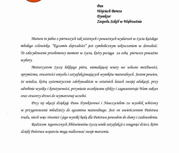 Życzenia Starosty Wąbrzeskiego dla maturzystów Zespołu Szkół w Wąbrzeźnie