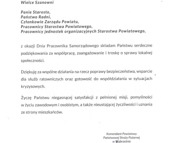 Życzenia od Komendanta Powiatowego Państwowej Straży Pożarnej w Wąbrzeźnie