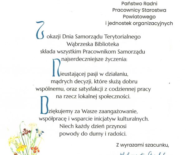 Życzenia od Dyrektora Miejskiej i Powiatowej Biblioteki Publicznej im. Witalisa Szlachcikowskiego w Wąbrzeźnie
