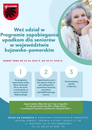 Plakat informujący o naborze do Programu zapobiegania upadkom dla seniorów w województwie kujawsko-pomorskim
