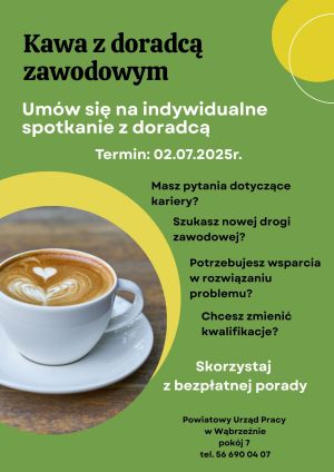 Plakat informujący o spotkaniu "Kawa z doradcą zawodowym" w dniu 2 lipca 2025 r.
