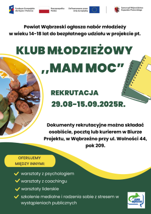 Plakat informujący o rekrutacji do Klubu Młodzieżowego "MAM MOC"