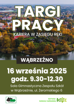 Plakat informujący o targach pracy w dniu 16 września 2025 roku w Zespole Szkół w Wąbrzeźnie