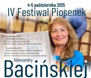 Fragment plakatu, na którym znajduje się Pani Aleksandra Bacińska oraz wypisany jest szczegółowy program festiwalu