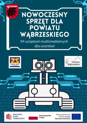 Grafika informująca o nowoczesnym sprzęcie dla Powiatu Wąbrzeskiego - 59 urządzeń multimedialnych dla uczniów
