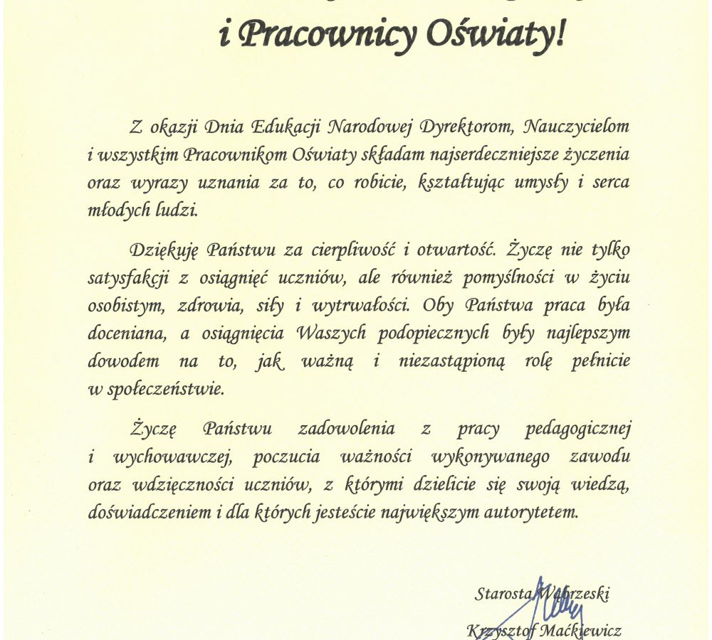 Szanowni Dyrektorzy, Nauczyciele, Pedagodzy i Pracownicy Oświaty! Z okazji Dnia Edukacji Narodowej Dyrektorom, Nauczycielom...