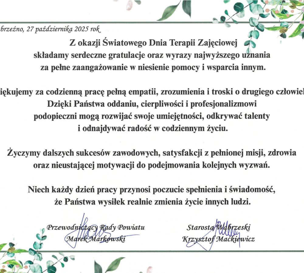 Z okazji Światowego Dnia Terapii Zajęciowej składamy serdeczne gratulacje oraz wyrazy najwyższego uznania za pełne...