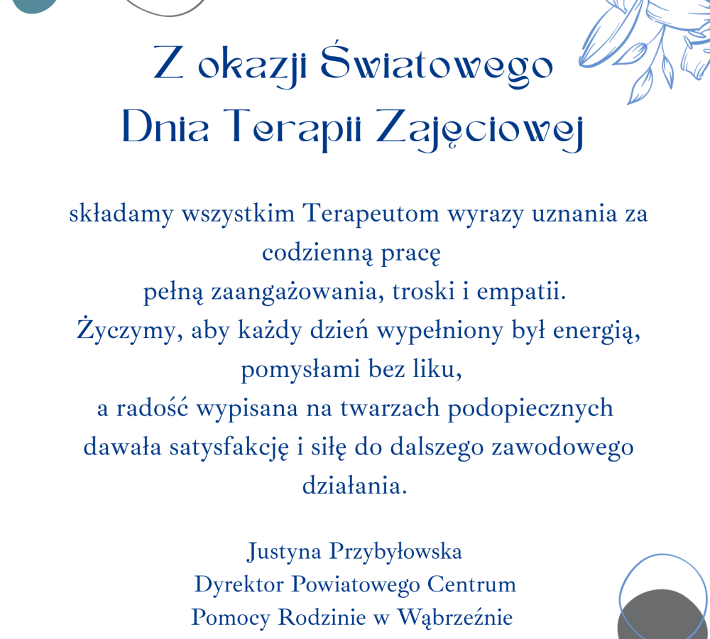 Z okazji Światowego Dnia Terapii Zajęciowej składamy wszystkim Terapeutom wyrazy uznania za codzienną pracę pełną...