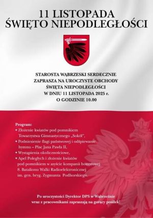 Plakat informujący o obchodach Święta Niepodległości wraz ze szczegółowym programem uroczystości