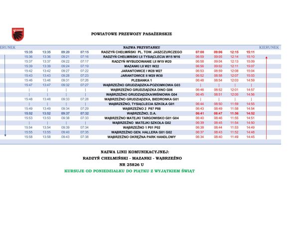Rozkład jazdy Radzyń Chełmiński - Mazanki - Wąbrzeźno