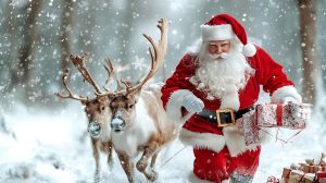 Zdjęcie przedstawia Mikołaja z reniferami