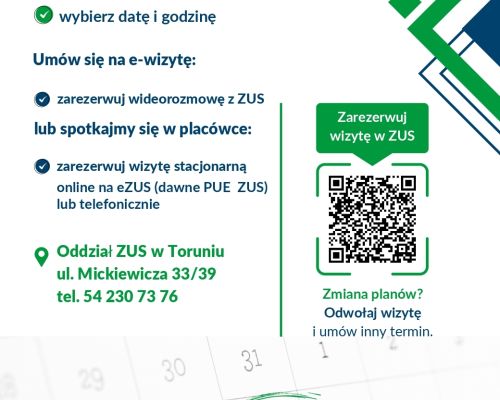 Plakat informujący o możliwości rezerwacji wizyty w ZUS z kodem QR przekierowującym na stronę ZUS-u.