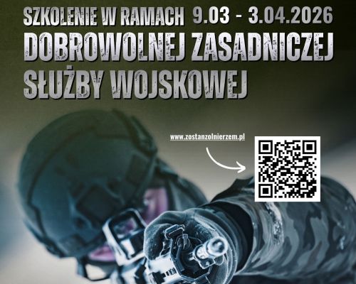 Plakat informujący o szkoleniu w ramach Dobrowolnej Zasadniczej Służby Wojskowej z kodem QR