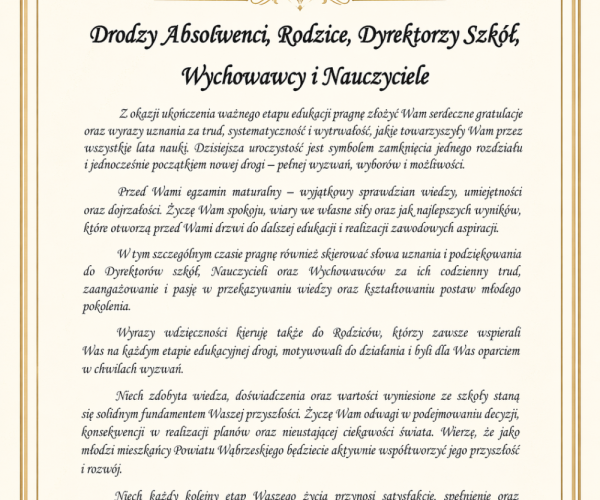 Życzenia Starosty Wąbrzeskiego dla tegorocznych maturzystów