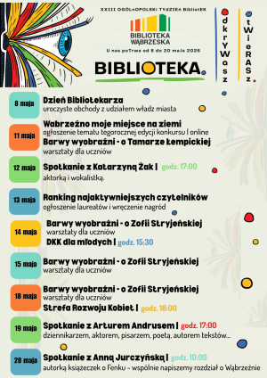 Plakat z harmonogramem "Tygodnia bibliotek"