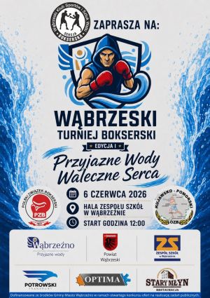 Plakat informujący o turnieju bokserskim "Przyjazne Wody Waleczne Serca" w dniu 6 czerwca 2026 roku w Hali ZS w Wąbrzeźnie