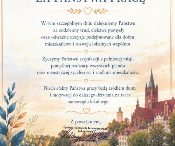 Życzenia z okazji Dnia Samorządu Terytorialnego od Przedszkola Terapeutycznego Jedno Słońce na czele z Dyrektor mgr...