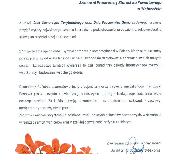 Życzenia z okazji Dnia Samorządu Terytorialnego od Dyrektor Małgorzaty Grzybek oraz Bibliotekarek Biblioteki Wąbrzeskiej