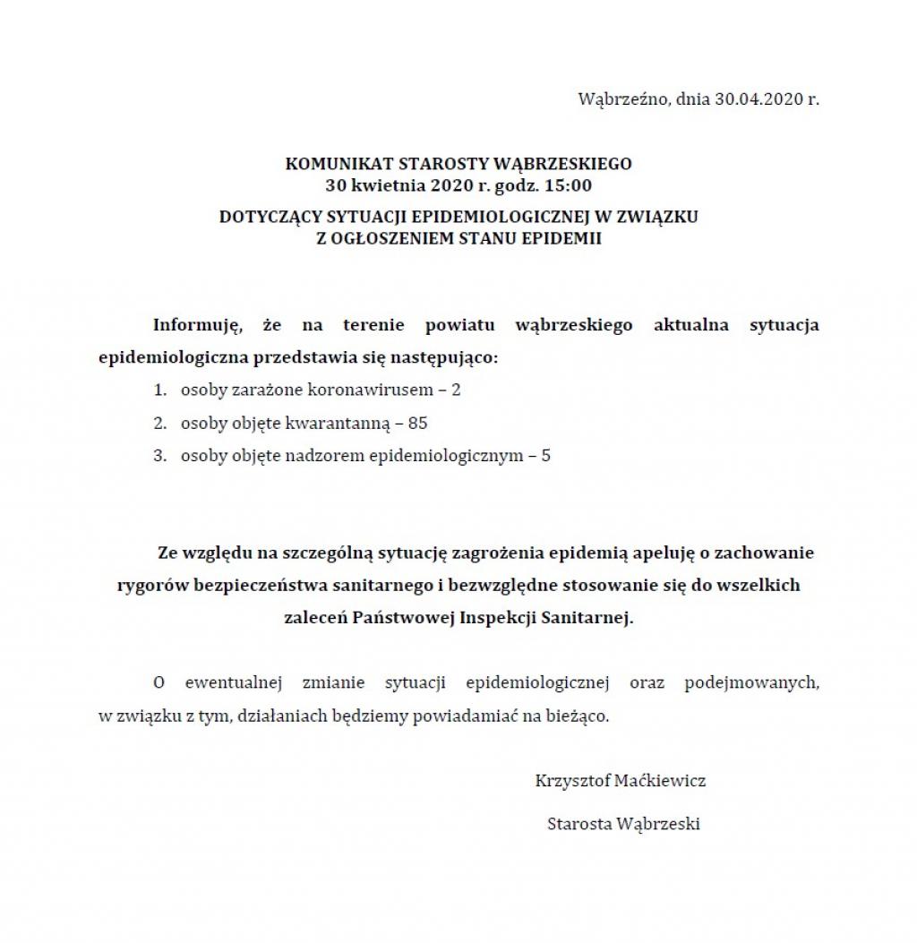 Komunikat Starosty Wąbrzeskiego dot. sytuacji epidemiologicznej na terenie Powiatu Wąbrzeskiego 30.04.2020 godz. 15:00