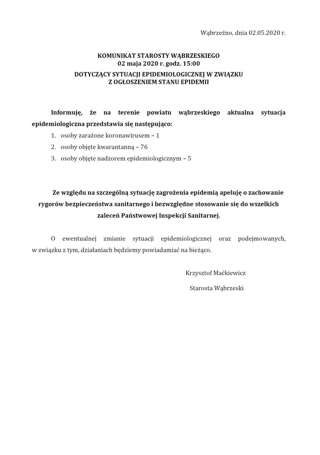 Komunikat Starosty Wąbrzeskiego dot. sytuacji epidemiologicznej na terenie Powiatu Wąbrzeskiego 02.05.2020 godz. 15:00