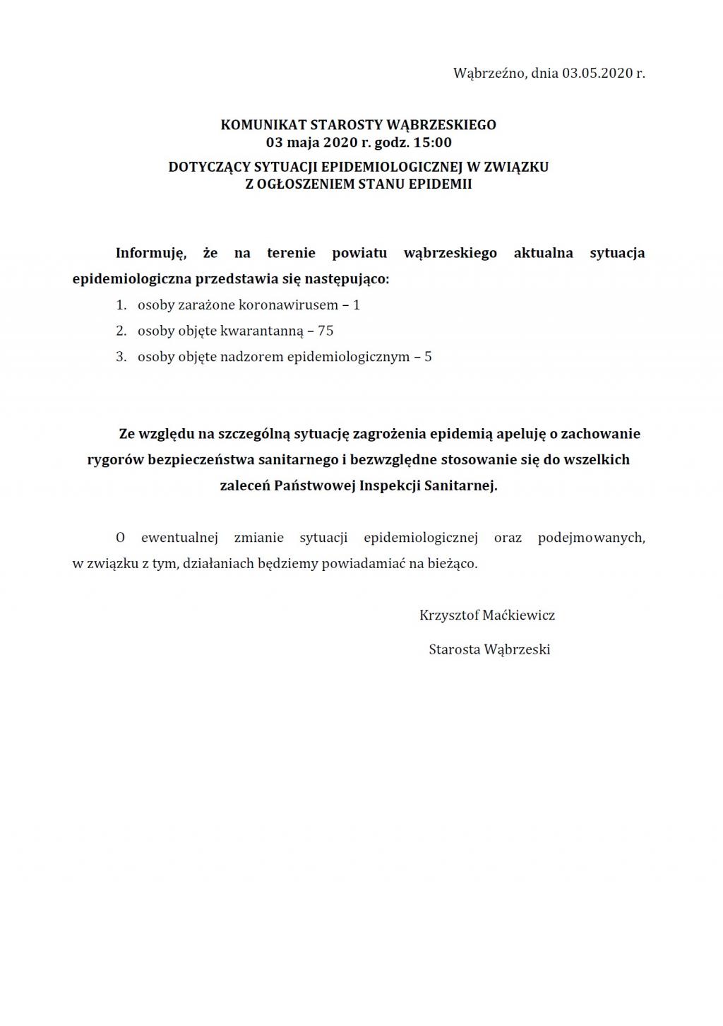 Komunikat Starosty Wąbrzeskiego dot. sytuacji epidemiologicznej na terenie Powiatu Wąbrzeskiego 03.05.2020 godz. 15:00
