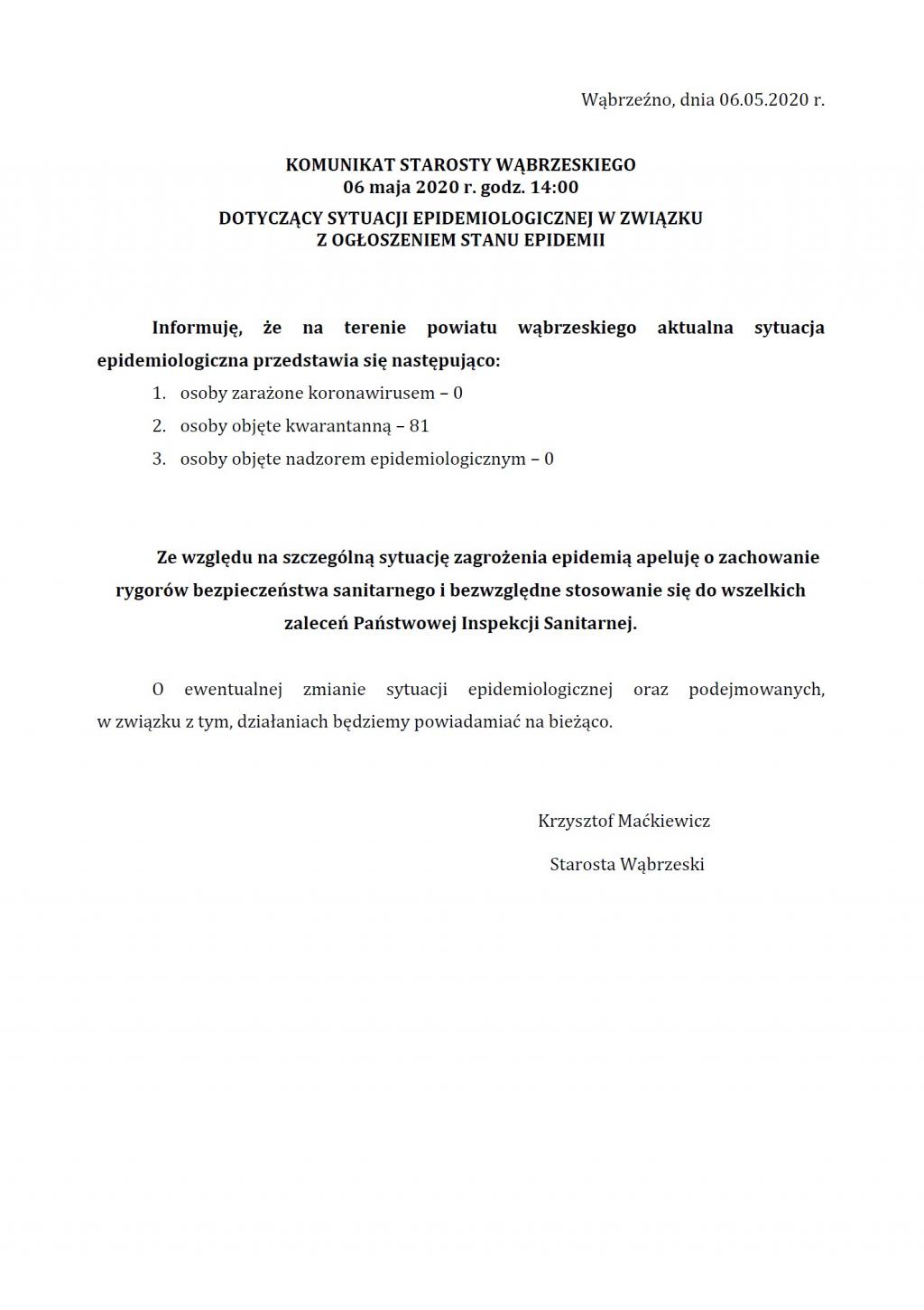 Komunikat Starosty Wąbrzeskiego dot. sytuacji epidemiologicznej na terenie Powiatu Wąbrzeskiego 06.05.2020 godz. 14:00