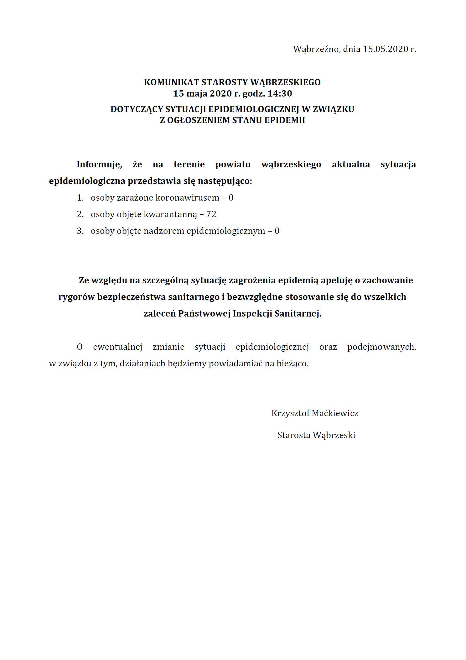 Komunikat Starosty Wąbrzeskiego dot. sytuacji epidemiologicznej na terenie Powiatu Wąbrzeskiego 15.05.2020 godz. 14:30