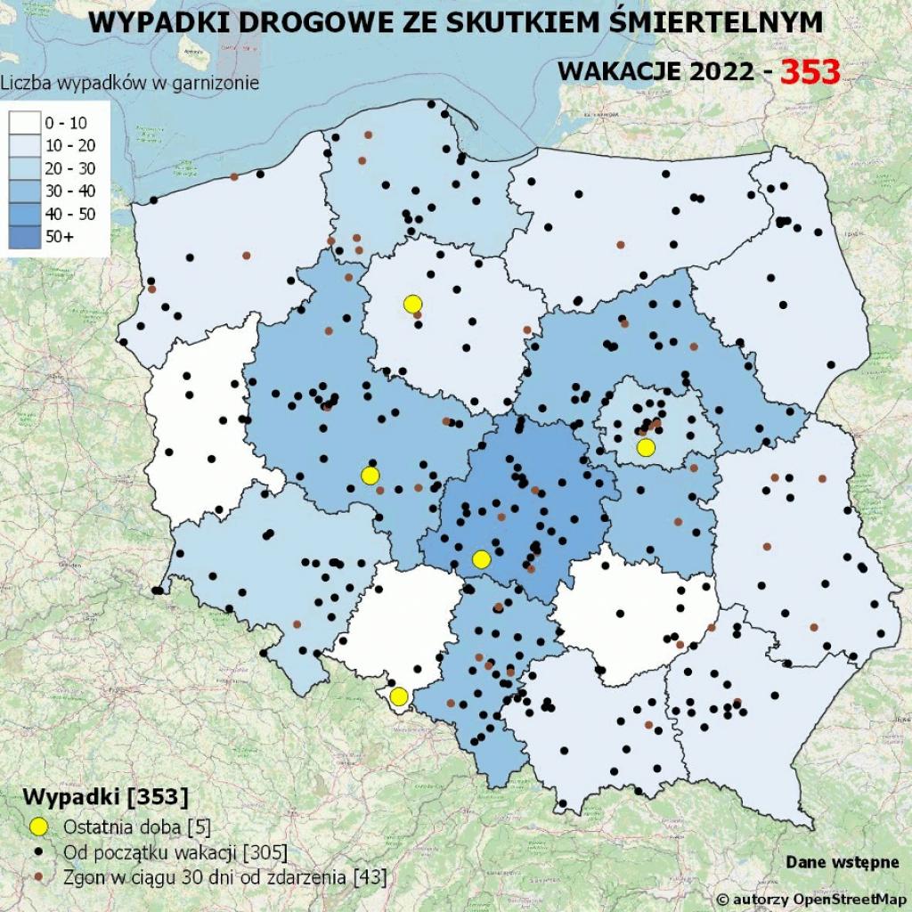 Policyjna mapa wypadków drogowych ze skutkiem śmiertelnym - Wakacje 2022